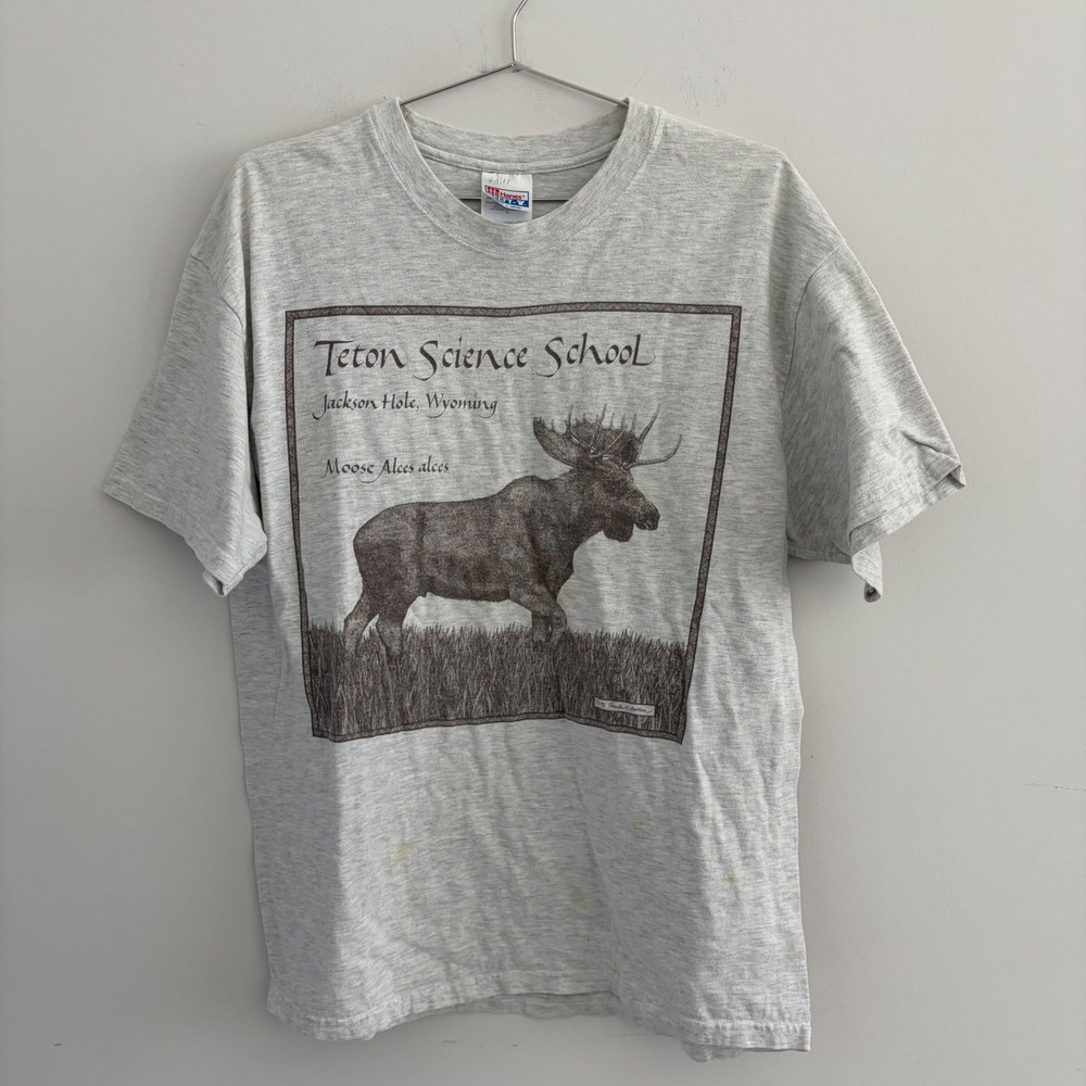 Vintage Hanes Beefy-T Teton Science School Moose Alces alces Gray Graphic Tee L